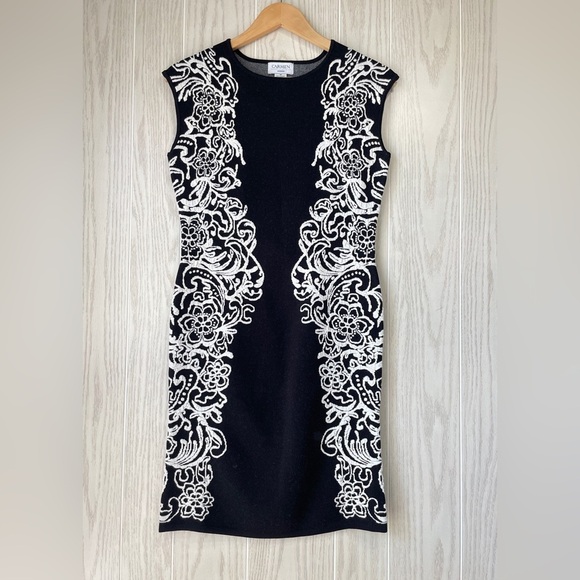 Carmen Marc Valvo Black/Ivory Jacquard Stretchy Dress Size M EUC - Picture 1 of 3
